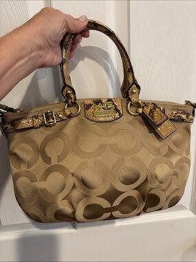 Coach Tan Signature Satchel with Snakeskin Accent